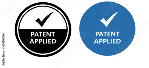Patent applied label icons in black and blue with check mark on white background
