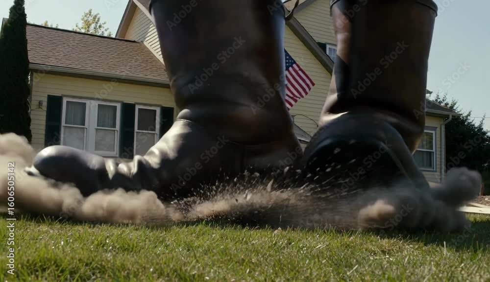 American dream. Giant boots stomp on American suburban house ...