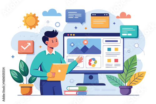 UI UX interface development process illustrated with a character showing a design display, colorful elements, and a creative workspace