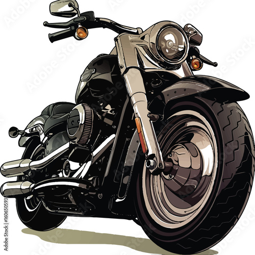 Classic black motorcycle isolated on white background with chrome details and retro style wheels