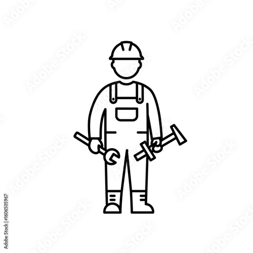 Wallpaper Mural Line art illustration of a construction worker holding tools on white background Torontodigital.ca