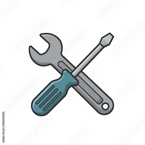 A simple cartoon illustration depicts a silver wrench and a screwdriver with a blue handle crossed, symbolizing repair, maintenance, or technical support.