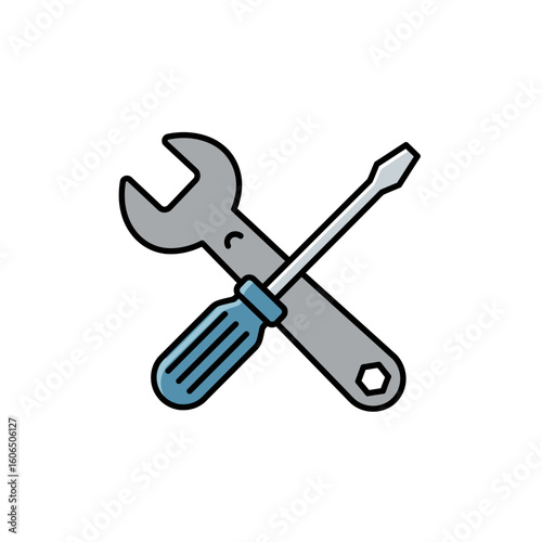 A simple, flat design illustration depicts a grey wrench crossed with a blue-handled screwdriver, symbolizing repair, settings, or service.