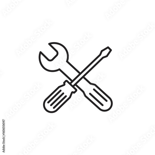 A simple line art illustration depicts a wrench and a screwdriver crossed, representing tools, repair, maintenance, and construction on a white backdrop.