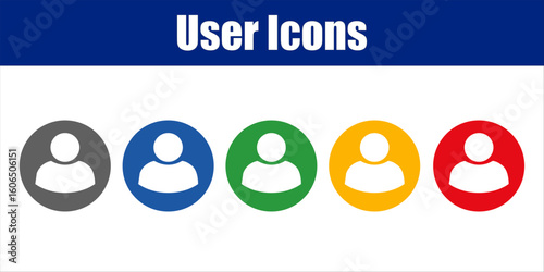Colorful Interactive User Icons in Flat Circular Style. Five flat-style user icons glow and expand slightly when hovered for visual interaction.