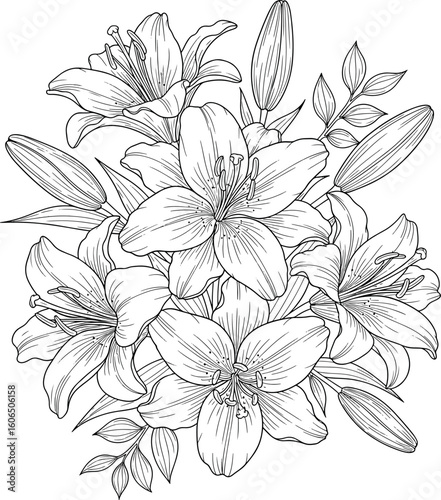 lily flower bouquet line art. Botanical floral vector illustration for adult coloring book page.