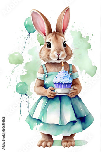 an adorable bunny in a lovely teal dress, holding a cupcake with a lit candle, surrounded by celebratory balloons