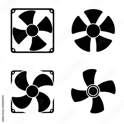 Black and White Computer Fan Icon Set for Cooling System Design