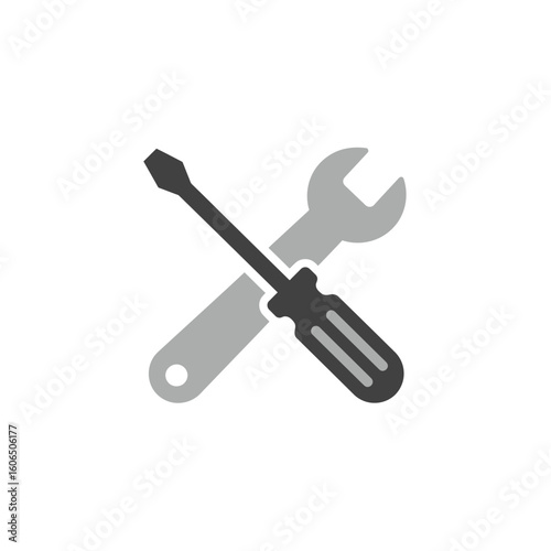 A vector graphic shows a gray wrench and a black-handled screwdriver crossed, suggesting repair, maintenance, or construction on a clean, white background.
