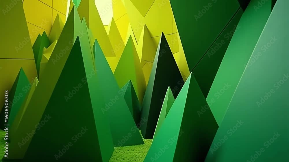 Abstract green and yellow triangle art installation stock video footage