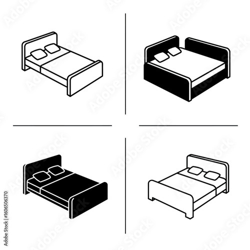 Isometric Bed Icon Set in Black and White Minimalist Style