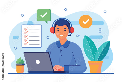 Operator of a call center agent working diligently at a desk with a laptop, headset, and plants, showcasing a friendly and professional atmosphere in a bright and modern workspace