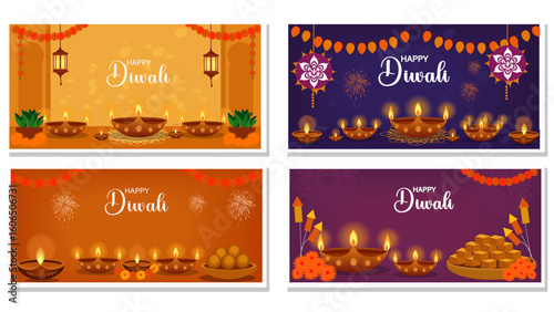 Happy Diwali Vector Banner Set - Festive Diyas, Sweets, Fireworks & Lantern Illustrations for Deepavali