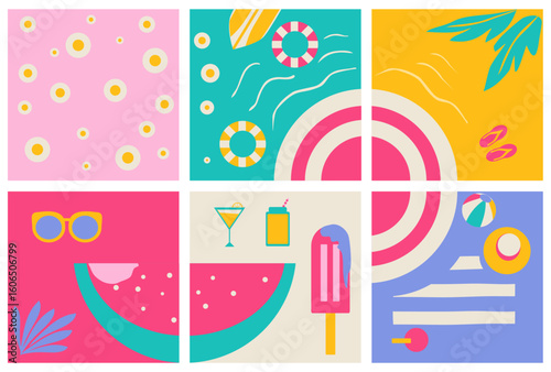 set of colorful summer elements. Vector illustration of Abstract colourful  holiday background vacation on summer concept. Hand drawn design,  All elements are isolated. 
