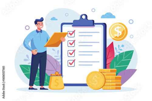 Finance manager reviewing budget checklist while ensuring accurate financial planning and effective resource allocation