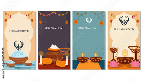 Guru Arjan Dev Ji Vertical Banner Set - Sikh Religious Illustrations for Shaheedi Diwas