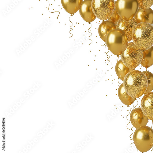 A cluster of shiny gold balloons with confetti and streamers creating a festive party atmosphere isolated on transparent background