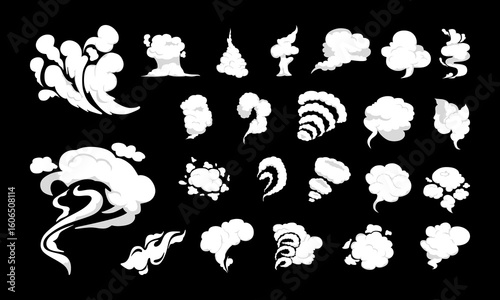 Cartoon smoke clouds. Comic smoke flows, dust, smog and smoke steaming cloud silhouettes isolated vector illustration set. Wind silhouette steaming, smoke explosion, comic cloud collection