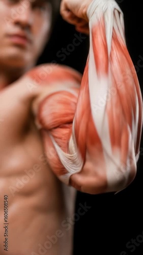 Detailed anatomical view of a man's arm muscles flexing showing biceps and triceps contraction for fitness and medical education