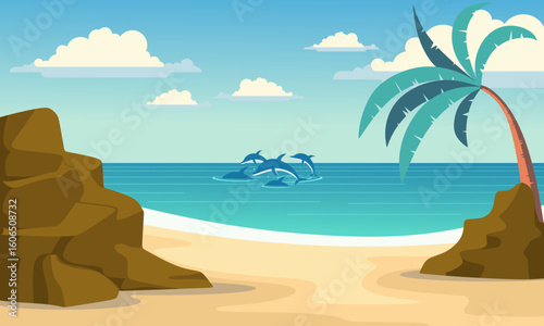 Vector cartoon style background of sea shore. Good sunny day Summer Background. Tropical blue sea and a sand beach vector background