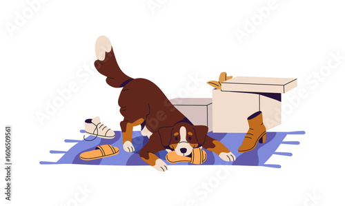 Naughty dog destroys boots. Cute puppy torns shoes, does damage. Hyperactive pup plays, chewing slippers. Unwanted, inappropriate behavior of pet. Flat isolated vector illustration on white background