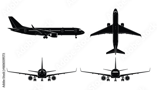 Airplane Silhouette Four Views Jet Airliner Commercial Aviation Modern Transport Vector Illustration