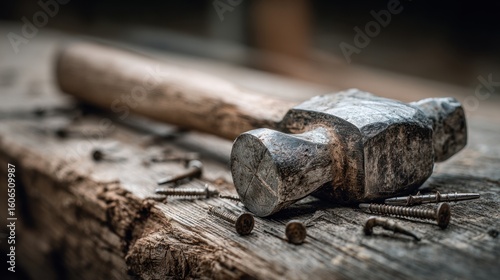 Hammer and Nails: A rustic hammer lies amidst scattered nails on a weathered wooden surface, emphasizing the tangible aspects of craftsmanship. 