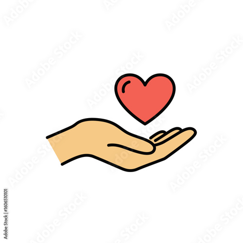 Hand holding a heart icon illustration representing love and giving concept