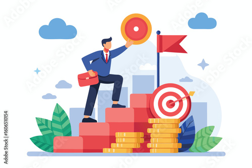 Businessman ascending coin stacks to reach target as a symbol of financial success and achievement in a modern urban landscape during daytime