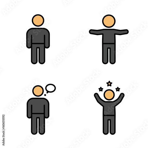 Stick Figure Icons Representing Thinking Success Open Arms and Standing Still