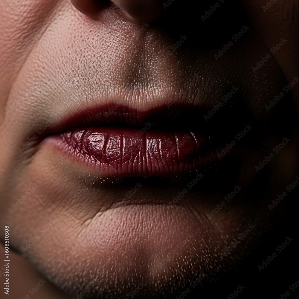 Obraz premium Close-up view of a person's lips with dark lipstick.