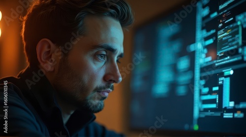 Man Looks at Computer Code on Screen