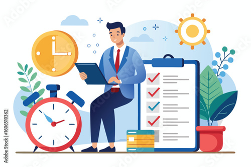 Businessman checking deadline in a modern workspace with a clipboard, clock, and plants in a minimalistic design