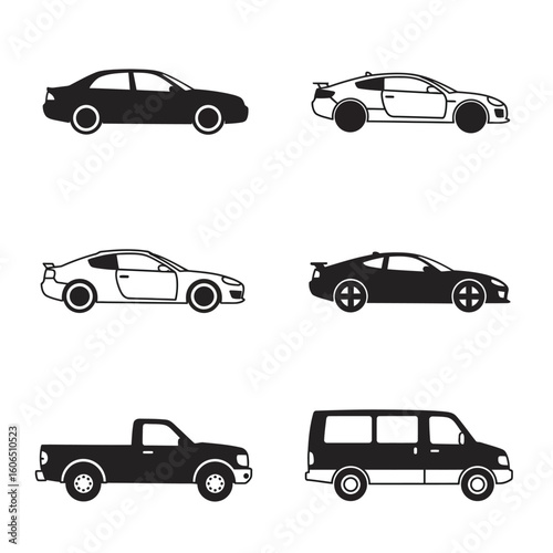 Black and White Car Icons Set Featuring Sedan Sports Car Truck and Van