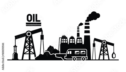 Black Silhouette Oil Industry Landscape with Pump Jacks and Refinery, Vector Illustration.