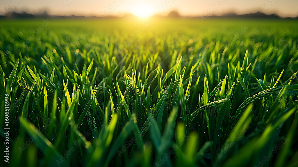 Fototapeta premium Verdant rice field bathed in golden sunlight