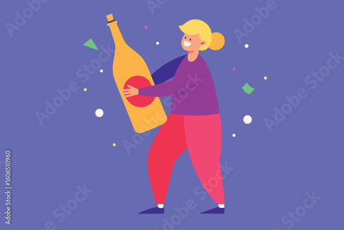 A woman is happily carrying a large bottle of champagne to a party
