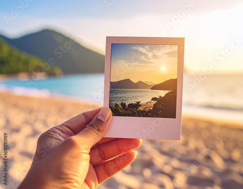 Hand Holding Travel Polaroid Photo with Matching Background Scene: Nostalgic Memory Frame Captured in Scenic Landscape, Ideal for Journey Themes, Memories, and Vintage Travel Photography Concepts

