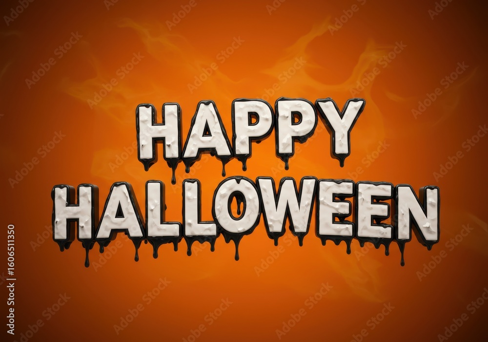 Fototapeta premium Spooky dripping letters announce happy halloween on textured orange background