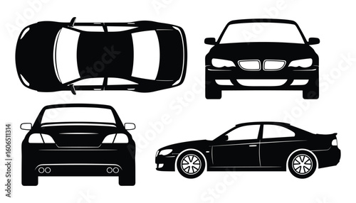 Car Silhouette Set Different Views Top Front Back Side Style Vector Illustration