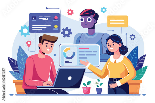 AI coding assistant aids developers in a collaborative workspace as they discuss projects and solutions