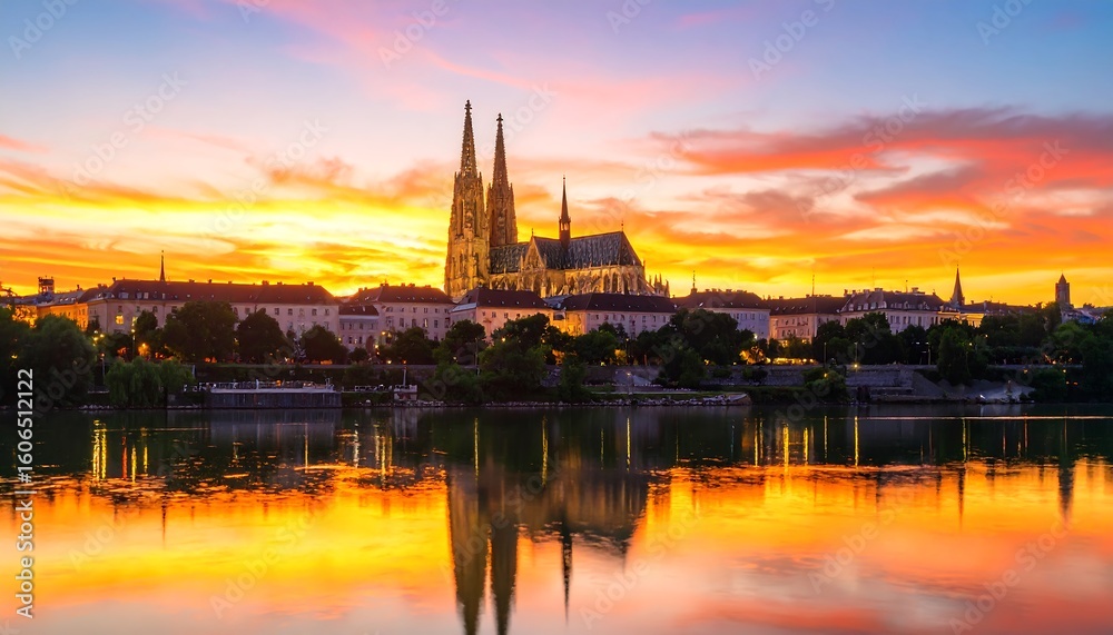 Obraz premium City cathedral at sunset reflected on a calm river