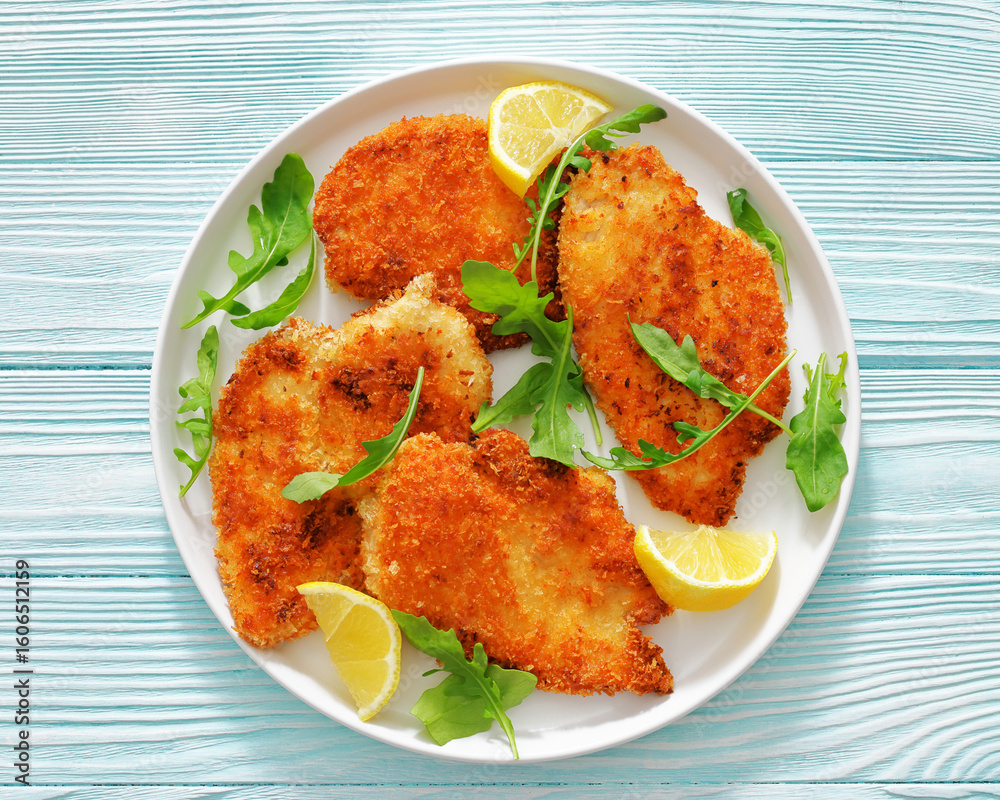 Fototapeta premium crispy parmesan crusted chicken cutlets, top view