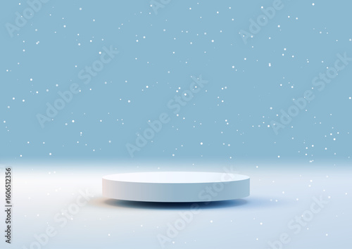 white podium display on snow surface with blue background for winter product mockup and showroom scene, minimal 3d with gentle snowflakes falling for branding design