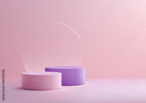 luxury modern pastel podium scene with pink and lavender cylindrical platforms and translucent circle for elegant product display mockup or cosmetic branding showcase