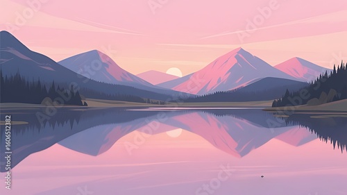 A 2D flat landscape of a calm lake reflecting mountains and pink sky at dawn