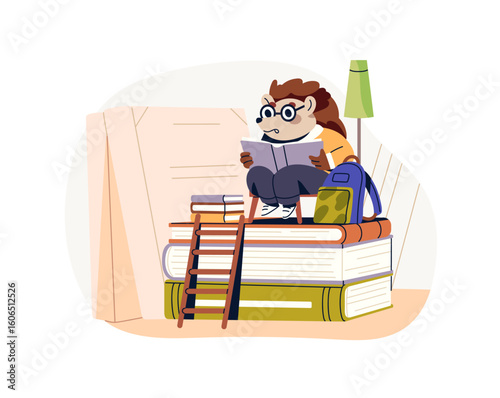 Cute hedgehog student in glasses is reading textbook, studies. Anthropomorphic animal is learning educational literature sitting on chair on heap of books. Flat isolated vector illustration on white
