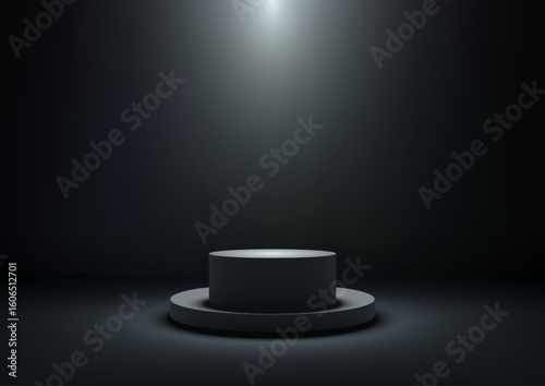 dark podium spotlight product display on moody background with elegant minimal pedestal for modern branding mockup showroom stage exhibition and presentation concept