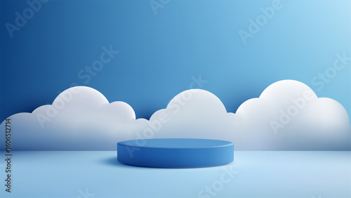 Blue circular podium surrounded by clouds on sky background abstract fantasy concept for product presentation or showroom mockup minimal design display