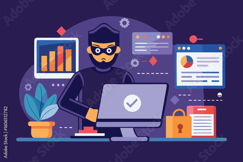 Flat design illustration depicting a hacker manipulating data on a computer with security features in a digital environment